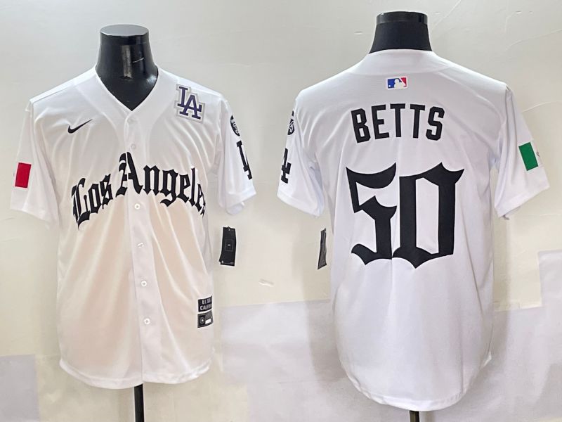 Men Los Angeles Dodgers #50 Betts White Five generations Joint Name 2025 Nike MLB Jersey style 10
